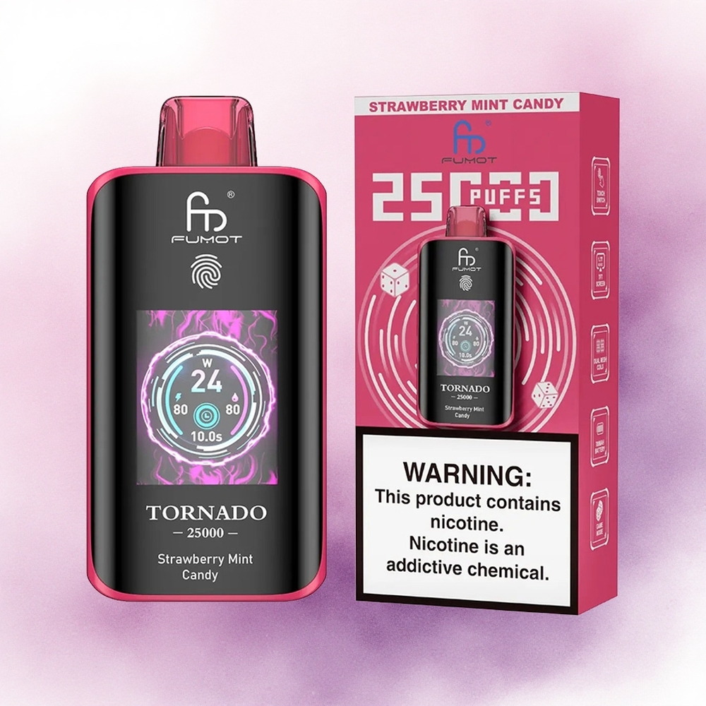 Fumot Tornado 25000 Puffs Bomboană Căpșuni Mentă 700mAh 20ml 5 Nicotină