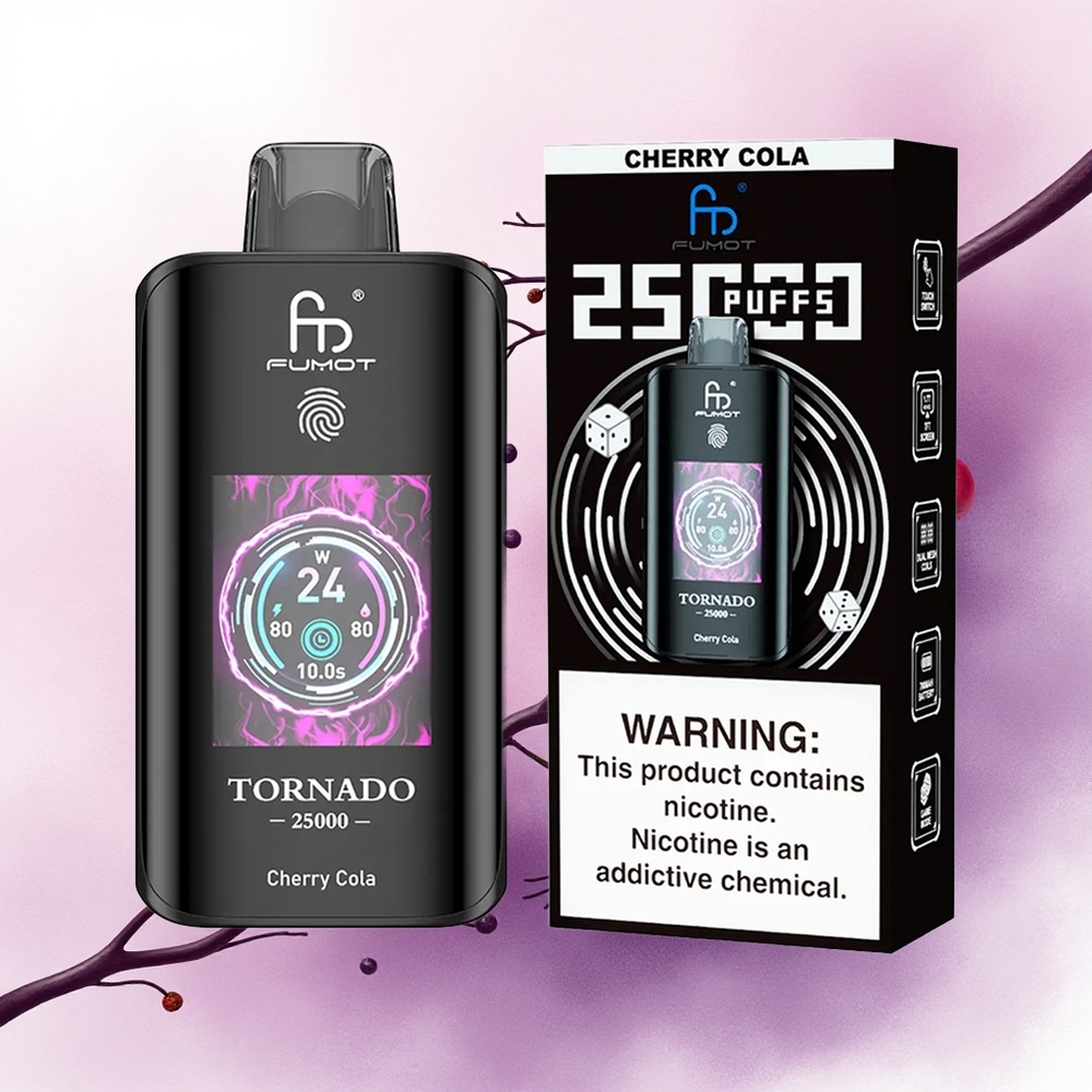 Fumot Tornado 25000 Puffs Colă Cireașă Ecran HD Baterie 700mAh Lichid 20ml Nicotină 0/2/3/5