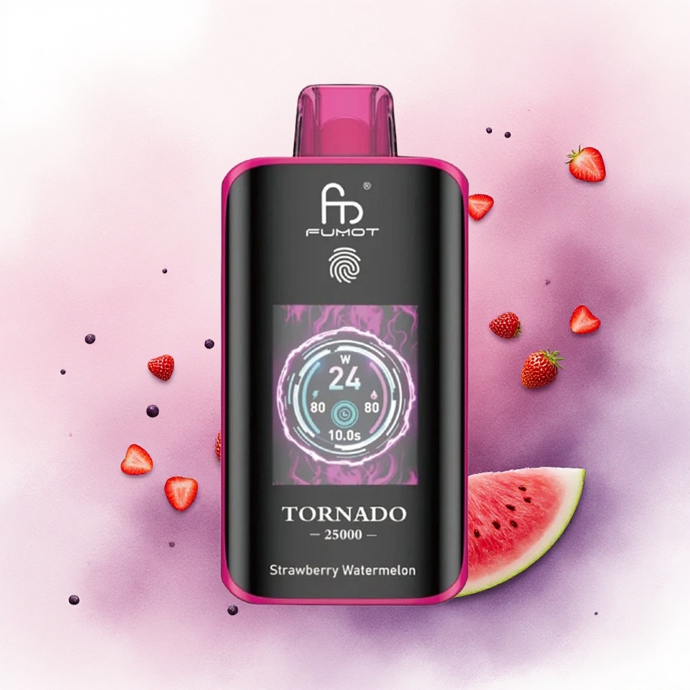 Fumot Tornado 25000 Puffs Pepene Roșu Căpșuni cu Ecran HD și Baterie 700mAh